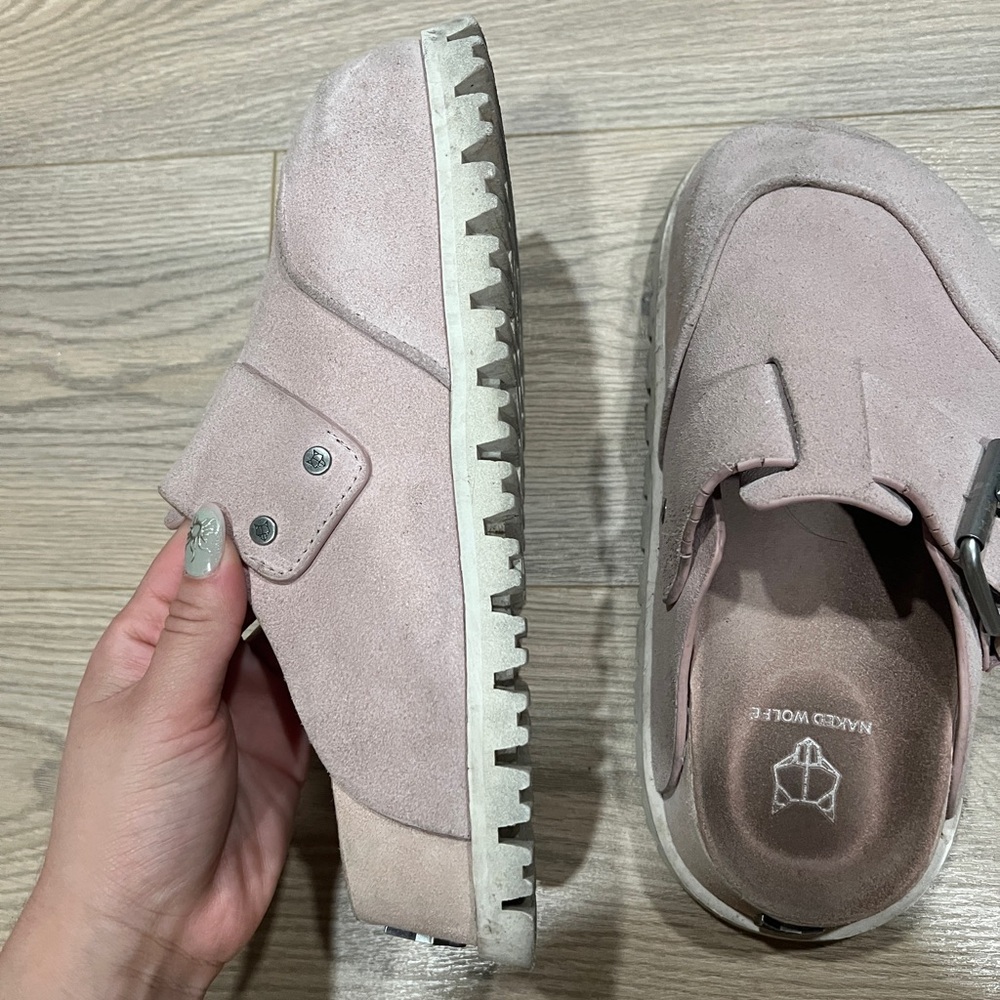 Naked Wolfe Suede Slip-On Shoes - Blush Pink Mule Open - Picture 2 of 8